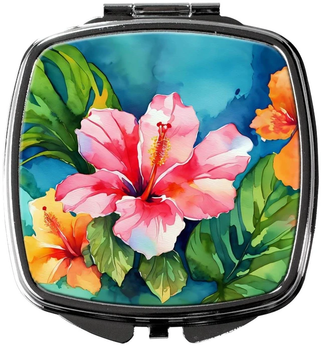 Main image of Hawaii Hawaiian Hibiscus in Watercolor Compact Mirror Decorative Travel Makeup Mirror for Women Girls Gifts Pocket Makeup Mirror Folding Handheld
