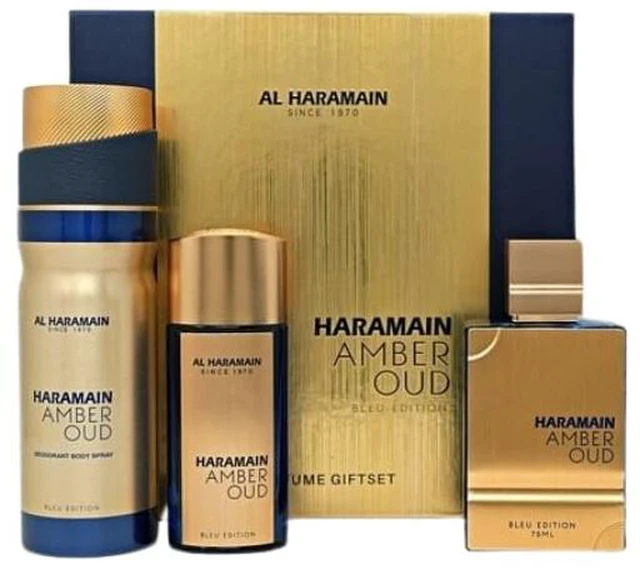 Main image of Al Haramain Amber Oud Bleu Edition 3 Pc Gift Set for Unisex - Luxury Cologne & Perfume for Men & Women - 2.5oz EDP Spray, 1oz EDP Spray, 6.6oz Body Spray - Arabian & Arabic Long Lasting Fragrance
