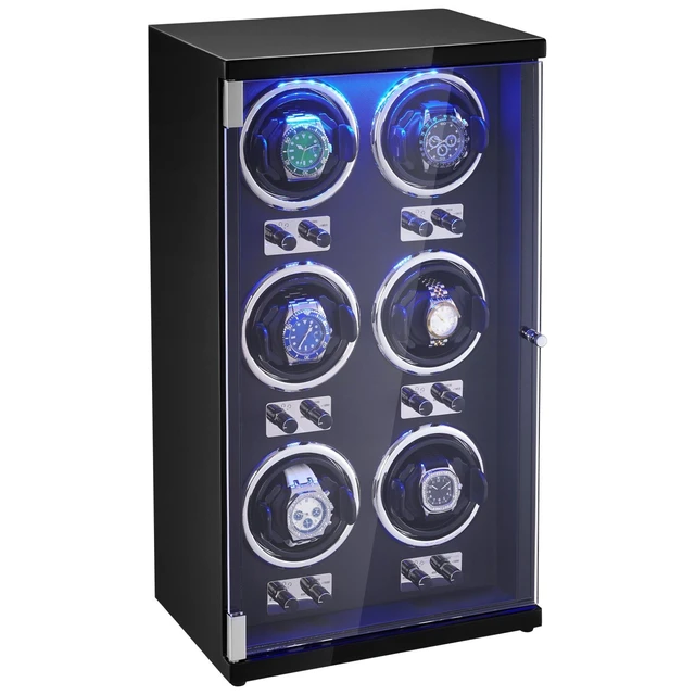 Alt view image 8 of 8 - VEVOR Watch Winder, Watch Winder for 6 Men's and Women's Automatic Watches, with 6 Super Quiet Japanese Mabuchi Motors, Blue LED Light and Adapter, High-Density Board Shell and Black PU