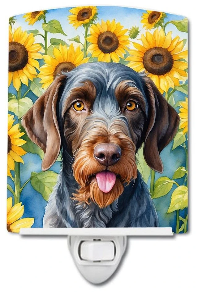 Main image of NEW German Wirehaired Pointer in Sunflowers Ceramic Night Light Compact, UL-Certified, Ideal for Bedroom, Bathroom, Nursery, Hallway, Kitchen, 6x4x3, Multicolor