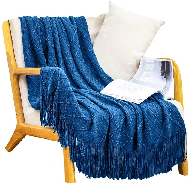Main image of SOGA Royal Blue Diamond Pattern Knitted Throw Blanket Warm Cozy Woven Cover Couch Bed Sofa Home Decor with Tassels