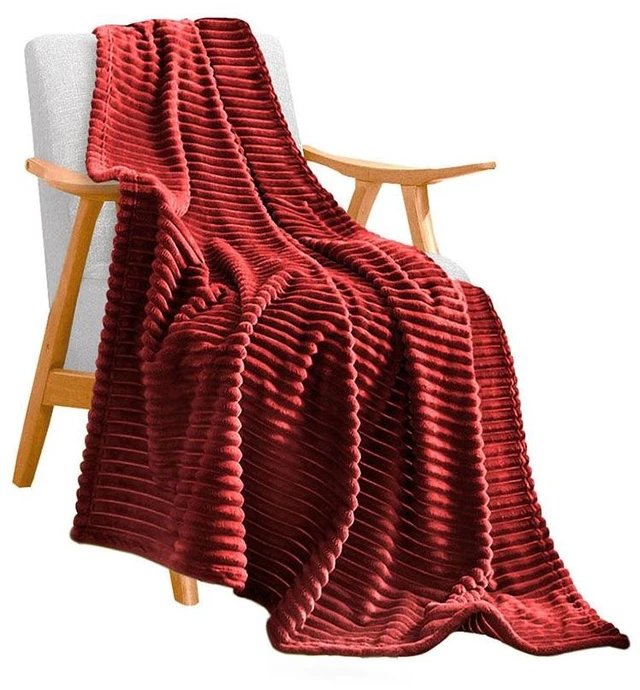 Main image of SOGA Burgundy Throw Blanket Warm Cozy Striped Pattern Thin Flannel Coverlet Fleece Bed Sofa Comforter
