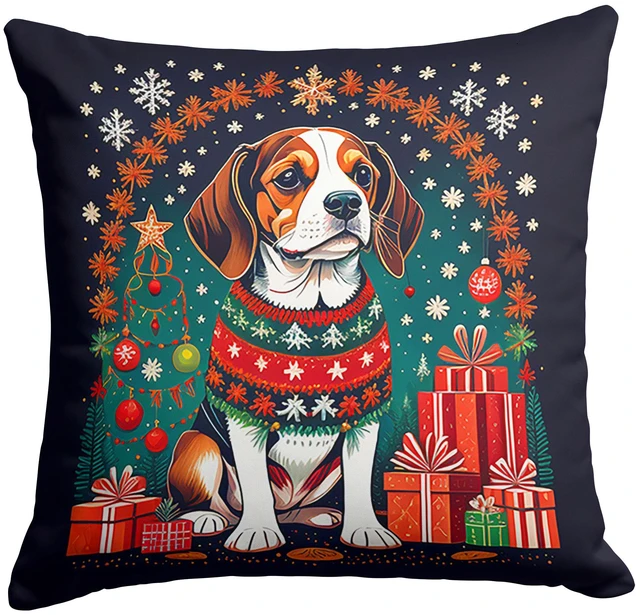 Main image of Beagle Christmas Throw Pillow Machine Washable, Indoor Outdoor Decorative Pillow for Couch, Bed or Patio, 18Hx18W