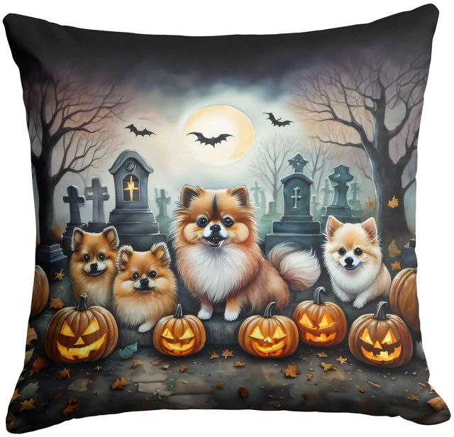 Main image of Pomeranian Spooky Halloween Throw Pillow Machine Washable, Indoor Outdoor Decorative Pillow for Couch, Bed or Patio, 18Hx18W