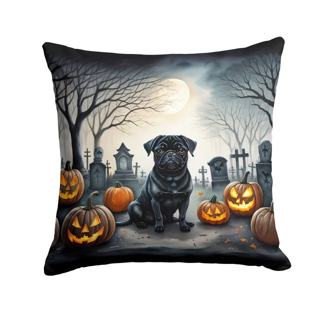 Main image of Black Pug Spooky Halloween Throw Pillow Machine Washable, Indoor Outdoor Decorative Pillow for Couch, Bed or Patio, 18Hx18W