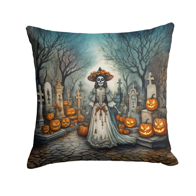 Main image of La Catrina Skeleton Spooky Halloween Throw Pillow Machine Washable, Indoor Outdoor Decorative Pillow for Couch, Bed or Patio, 18Hx18W