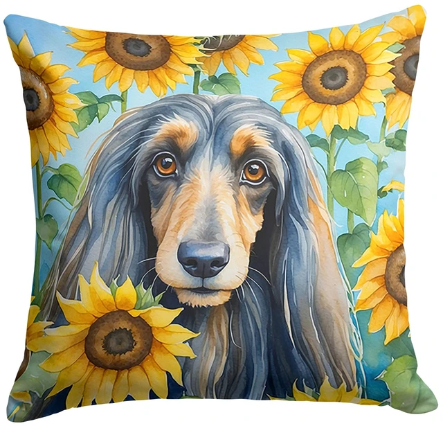 Main image of Afghan Hound in Sunflowers Throw Pillow Machine Washable, Indoor Outdoor Decorative Pillow for Couch, Bed or Patio, 18Hx18W