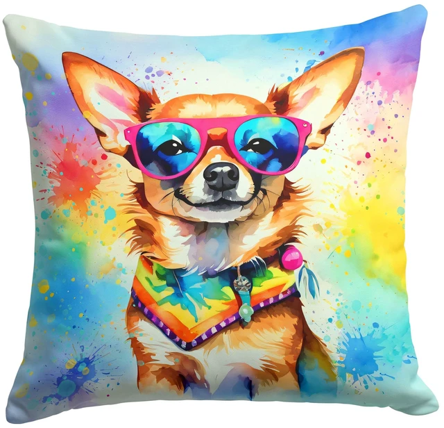 Main image of Chihuahua Hippie Dawg Throw Pillow Machine Washable, Indoor Outdoor Decorative Pillow for Couch, Bed or Patio, 18Hx18W