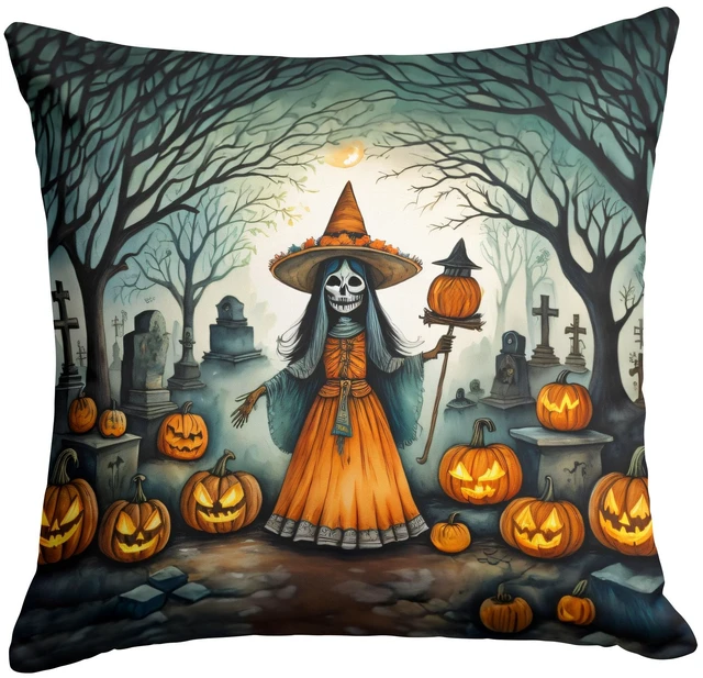 Main image of La Llorona Skeleton Spooky Halloween Throw Pillow Machine Washable, Indoor Outdoor Decorative Pillow for Couch, Bed or Patio, 18Hx18W