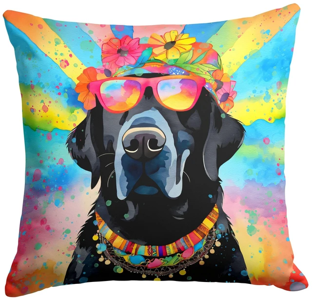 Main image of Black Labrador Hippie Dawg Throw Pillow Machine Washable, Indoor Outdoor Decorative Pillow for Couch, Bed or Patio, 18Hx18W