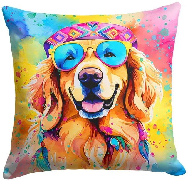 Main image of Golden Retriever Hippie Dawg Throw Pillow Machine Washable, Indoor Outdoor Decorative Pillow for Couch, Bed or Patio, 18Hx18W