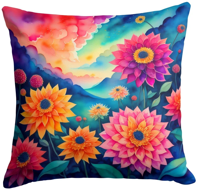 Main image of Colorful Dahlias Throw Pillow Machine Washable, Indoor Outdoor Decorative Pillow for Couch, Bed or Patio, 18Hx18W