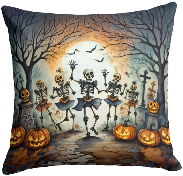 Main image of Dancing Skeletons Spooky Halloween Throw Pillow Machine Washable, Indoor Outdoor Decorative Pillow for Couch, Bed or Patio, 18Hx18W
