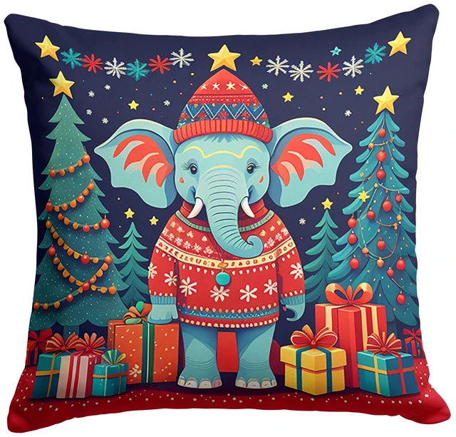 Main image of Elephant Christmas Throw Pillow Machine Washable, Indoor Outdoor Decorative Pillow for Couch, Bed or Patio, 18Hx18W