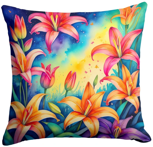 Main image of Colorful Lilies Throw Pillow Machine Washable, Indoor Outdoor Decorative Pillow for Couch, Bed or Patio, 18Hx18W