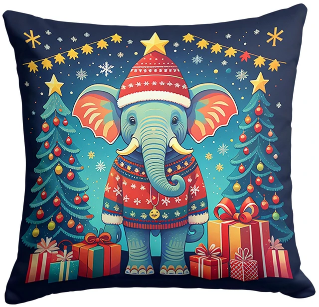 Main image of Elephant Christmas Throw Pillow Machine Washable, Indoor Outdoor Decorative Pillow for Couch, Bed or Patio, 18Hx18W