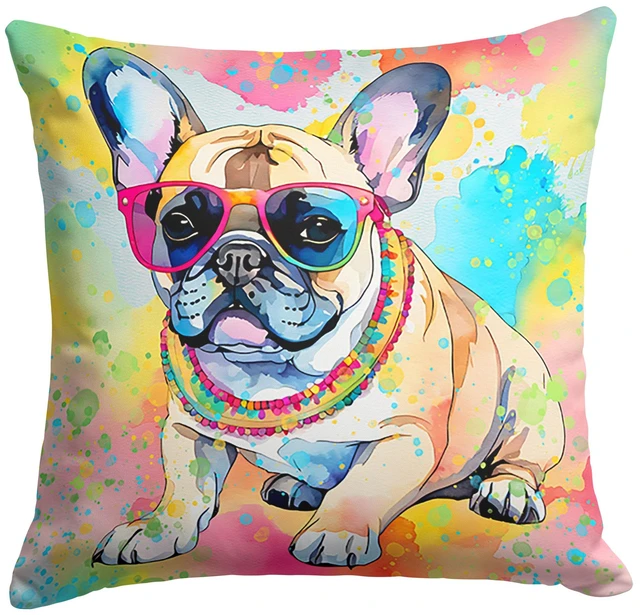 Main image of French Bulldog Hippie Dawg Throw Pillow Machine Washable, Indoor Outdoor Decorative Pillow for Couch, Bed or Patio, 18Hx18W