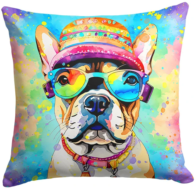 Main image of French Bulldog Hippie Dawg Throw Pillow Machine Washable, Indoor Outdoor Decorative Pillow for Couch, Bed or Patio, 18Hx18W