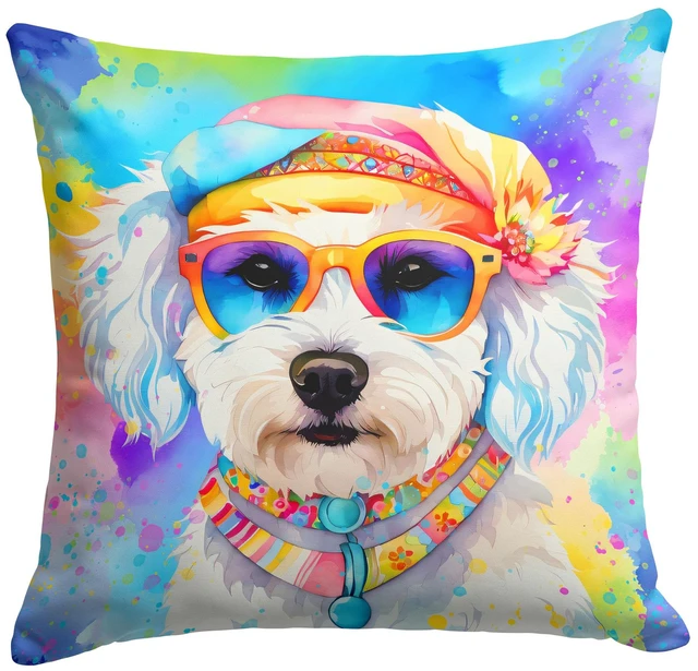 Main image of Bichon Frise Hippie Dawg Throw Pillow Machine Washable, Indoor Outdoor Decorative Pillow for Couch, Bed or Patio, 18Hx18W
