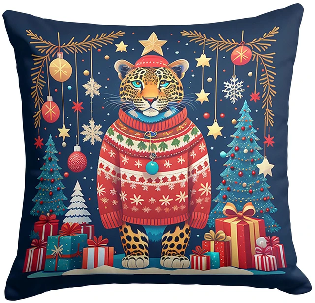 Main image of Leopard Christmas Throw Pillow Machine Washable, Indoor Outdoor Decorative Pillow for Couch, Bed or Patio, 18Hx18W