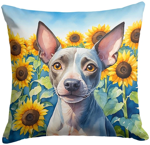 Main image of American Hairless Terrier in Sunflowers Throw Pillow Machine Washable, Indoor Outdoor Decorative Pillow for Couch, Bed or Patio, 18Hx18W