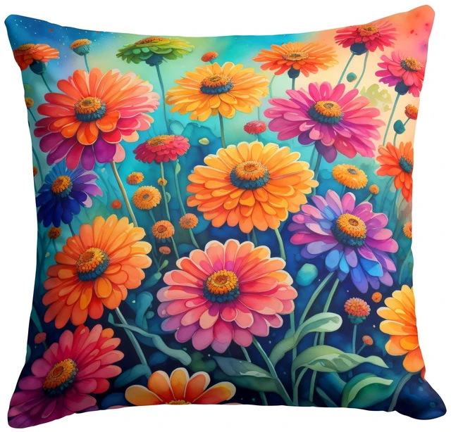 Main image of Colorful Zinnias Throw Pillow Machine Washable, Indoor Outdoor Decorative Pillow for Couch, Bed or Patio, 18Hx18W