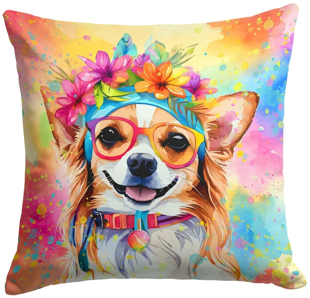 Main image of Chihuahua Hippie Dawg Throw Pillow Machine Washable, Indoor Outdoor Decorative Pillow for Couch, Bed or Patio, 18Hx18W