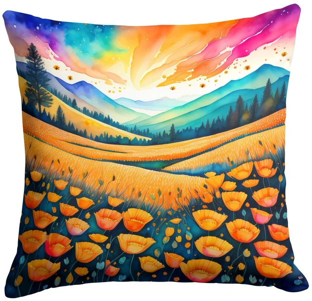 Main image of NEW Colorful California poppies Throw Pillow Machine Washable, Indoor Outdoor Decorative Pillow for Couch, Bed or Patio, 18Hx18W