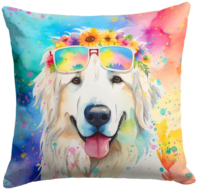 Main image of Great Pyrenees Hippie Dawg Throw Pillow Machine Washable, Indoor Outdoor Decorative Pillow for Couch, Bed or Patio, 18Hx18W
