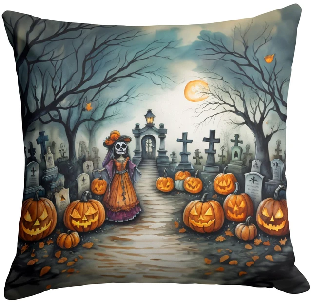 Main image of La Catrina Skeleton Spooky Halloween Throw Pillow Machine Washable, Indoor Outdoor Decorative Pillow for Couch, Bed or Patio, 18Hx18W