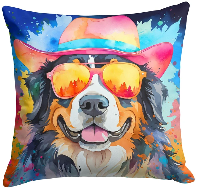 Main image of Bernese Mountain Dog Hippie Dawg Throw Pillow Machine Washable, Indoor Outdoor Decorative Pillow for Couch, Bed or Patio, 18Hx18W
