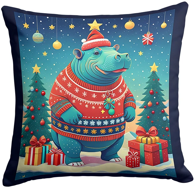 Main image of Hippopotamus Christmas Throw Pillow Machine Washable, Indoor Outdoor Decorative Pillow for Couch, Bed or Patio, 18Hx18W