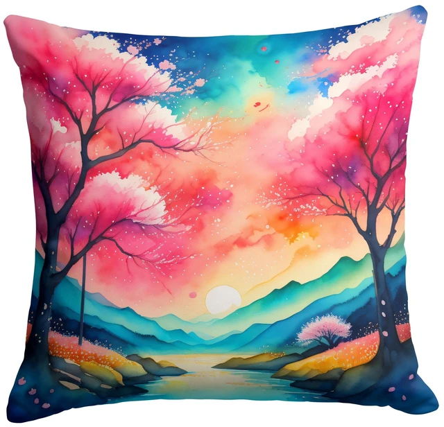 Main image of Colorful Cherry Blossoms Throw Pillow Machine Washable, Indoor Outdoor Decorative Pillow for Couch, Bed or Patio, 18Hx18W