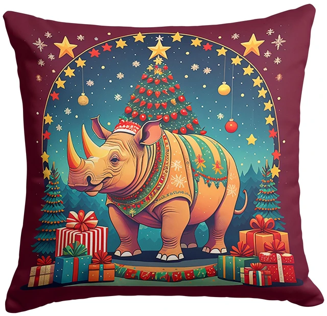 Main image of Rhinoceros Christmas Throw Pillow Machine Washable, Indoor Outdoor Decorative Pillow for Couch, Bed or Patio, 18Hx18W