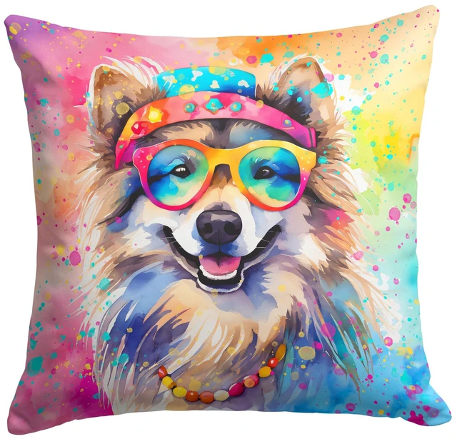 Main image of Keeshond Hippie Dawg Throw Pillow Machine Washable, Indoor Outdoor Decorative Pillow for Couch, Bed or Patio, 18Hx18W