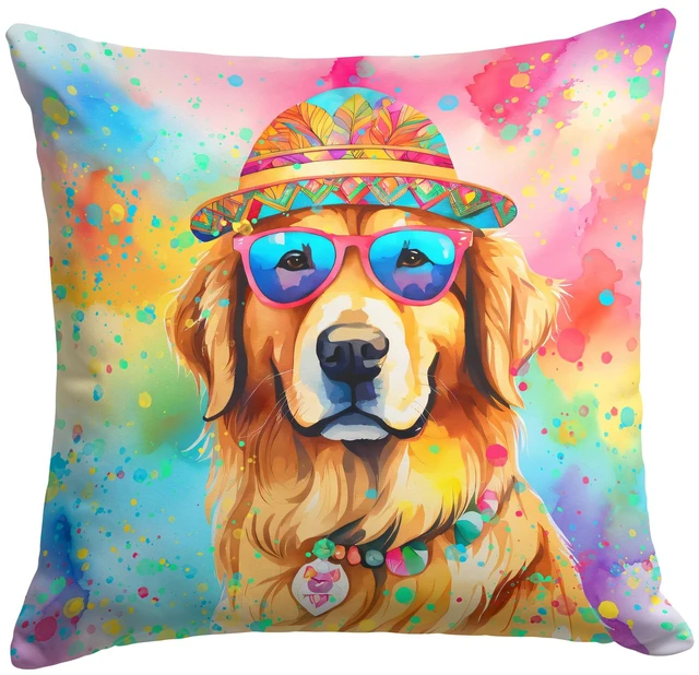 Main image of Golden Retriever Hippie Dawg Throw Pillow Machine Washable, Indoor Outdoor Decorative Pillow for Couch, Bed or Patio, 18Hx18W