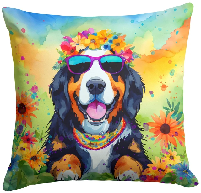 Main image of Bernese Mountain Dog Hippie Dawg Throw Pillow Machine Washable, Indoor Outdoor Decorative Pillow for Couch, Bed or Patio, 18Hx18W