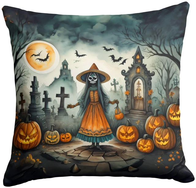 Main image of La Llorona Skeleton Spooky Halloween Throw Pillow Machine Washable, Indoor Outdoor Decorative Pillow for Couch, Bed or Patio, 18Hx18W