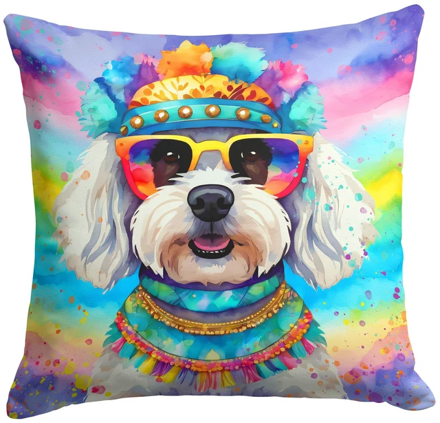 Main image of Bichon Frise Hippie Dawg Throw Pillow Machine Washable, Indoor Outdoor Decorative Pillow for Couch, Bed or Patio, 18Hx18W