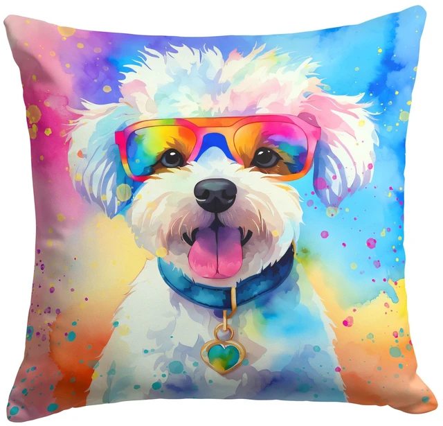 Main image of Bichon Frise Hippie Dawg Throw Pillow Machine Washable, Indoor Outdoor Decorative Pillow for Couch, Bed or Patio, 18Hx18W
