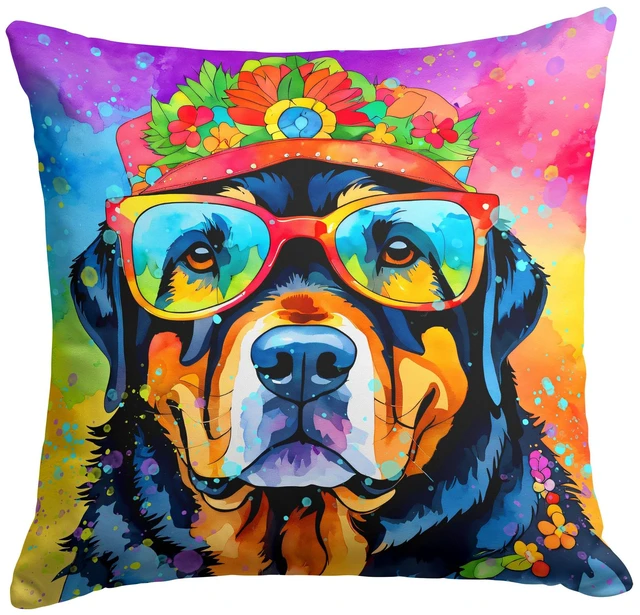 Main image of Rottweiler Hippie Dawg Throw Pillow Machine Washable, Indoor Outdoor Decorative Pillow for Couch, Bed or Patio, 18Hx18W