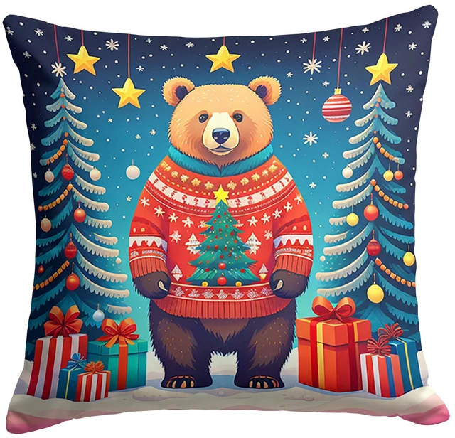 Main image of Bear Christmas Throw Pillow Machine Washable, Indoor Outdoor Decorative Pillow for Couch, Bed or Patio, 18Hx18W