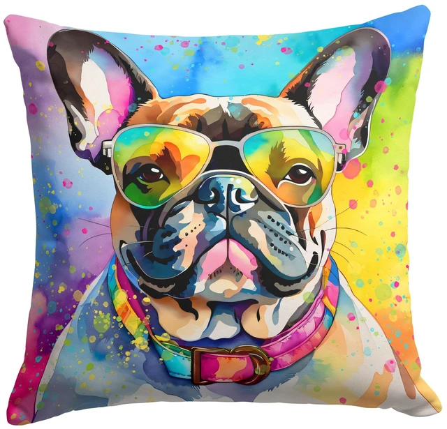 Main image of French Bulldog Hippie Dawg Throw Pillow Machine Washable, Indoor Outdoor Decorative Pillow for Couch, Bed or Patio, 18Hx18W