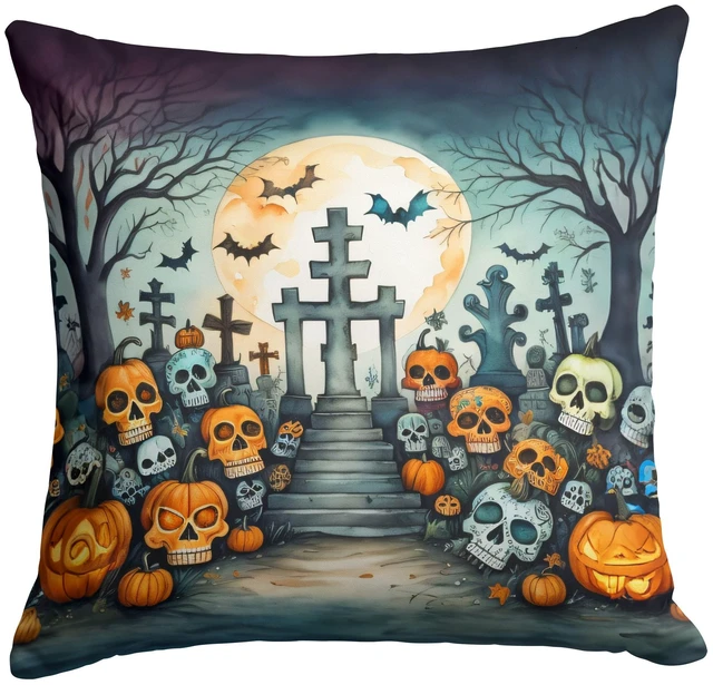 Main image of Calaveras Sugar Skulls Spooky Halloween Throw Pillow Machine Washable, Indoor Outdoor Decorative Pillow for Couch, Bed or Patio, 18Hx18W