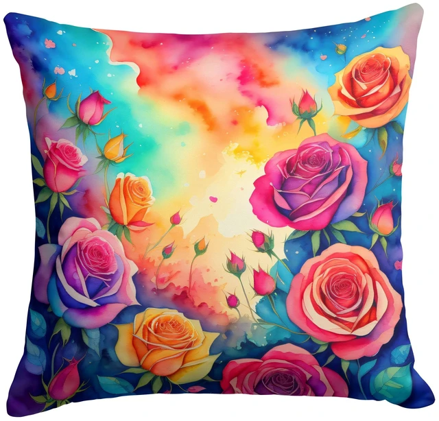 Main image of Colorful Roses Throw Pillow Machine Washable, Indoor Outdoor Decorative Pillow for Couch, Bed or Patio, 18Hx18W