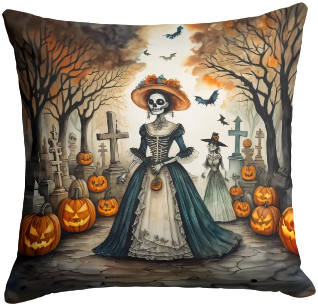 Main image of La Catrina Skeleton Spooky Halloween Throw Pillow Machine Washable, Indoor Outdoor Decorative Pillow for Couch, Bed or Patio, 18Hx18W