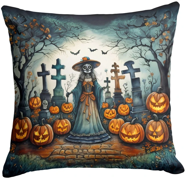 Main image of La Catrina Skeleton Spooky Halloween Throw Pillow Machine Washable, Indoor Outdoor Decorative Pillow for Couch, Bed or Patio, 18Hx18W
