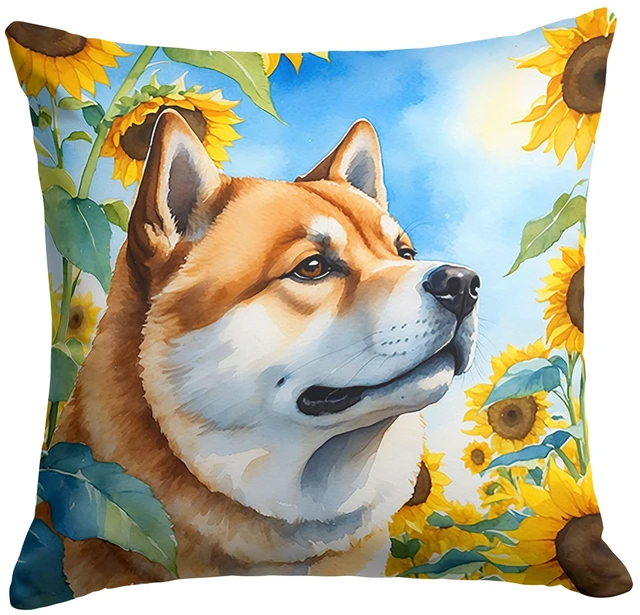 Main image of Akita in Sunflowers Throw Pillow Machine Washable, Indoor Outdoor Decorative Pillow for Couch, Bed or Patio, 18Hx18W