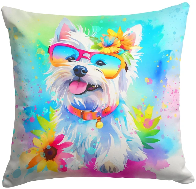 Main image of Westie Hippie Dawg Throw Pillow Machine Washable, Indoor Outdoor Decorative Pillow for Couch, Bed or Patio, 18Hx18W