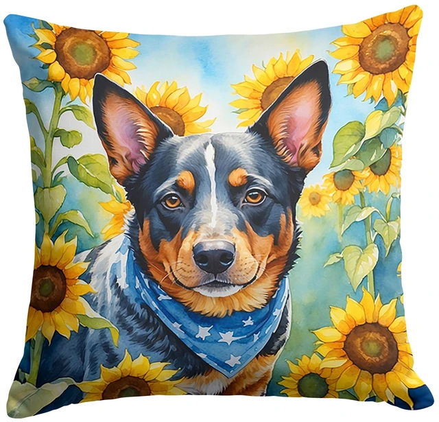 Main image of Australian Cattle Dog in Sunflowers Throw Pillow Machine Washable, Indoor Outdoor Decorative Pillow for Couch, Bed or Patio, 18Hx18W